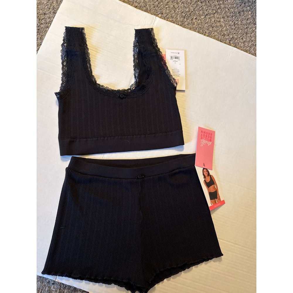 Millie Bobby Brown Black Rib Shortie & Bralette Set Lace Trim Pointelle Large